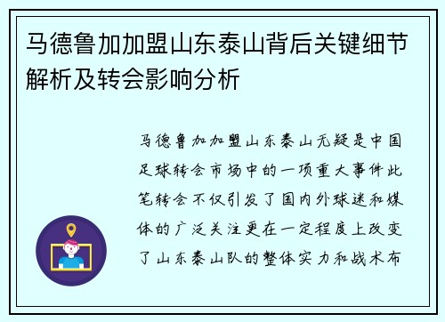 马德鲁加加盟山东泰山背后关键细节解析及转会影响分析